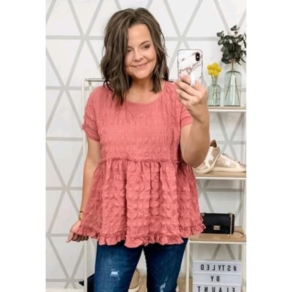 Entro Women Rose Pink Crinkle Babydoll Blouse Ruffle Hem Top Size Medium